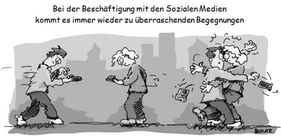 Cartoon: Menschen vertieft in Handys, zwei stoßen auf der Straße zusammen.